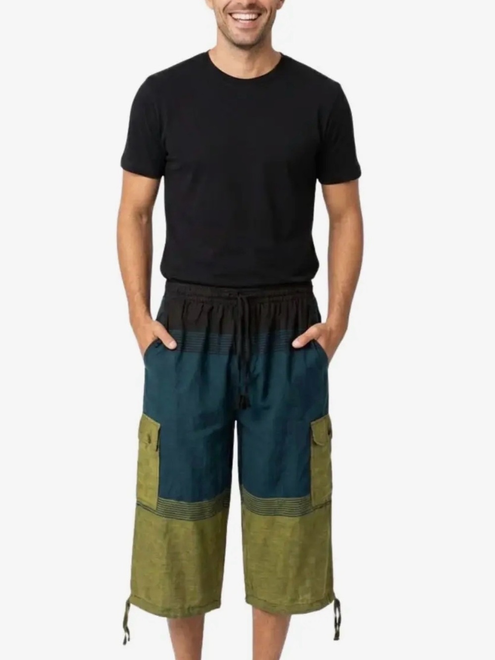 424–Men's Colorblock Cargo Shorts in Teal and Olive with Drawstring Waist
